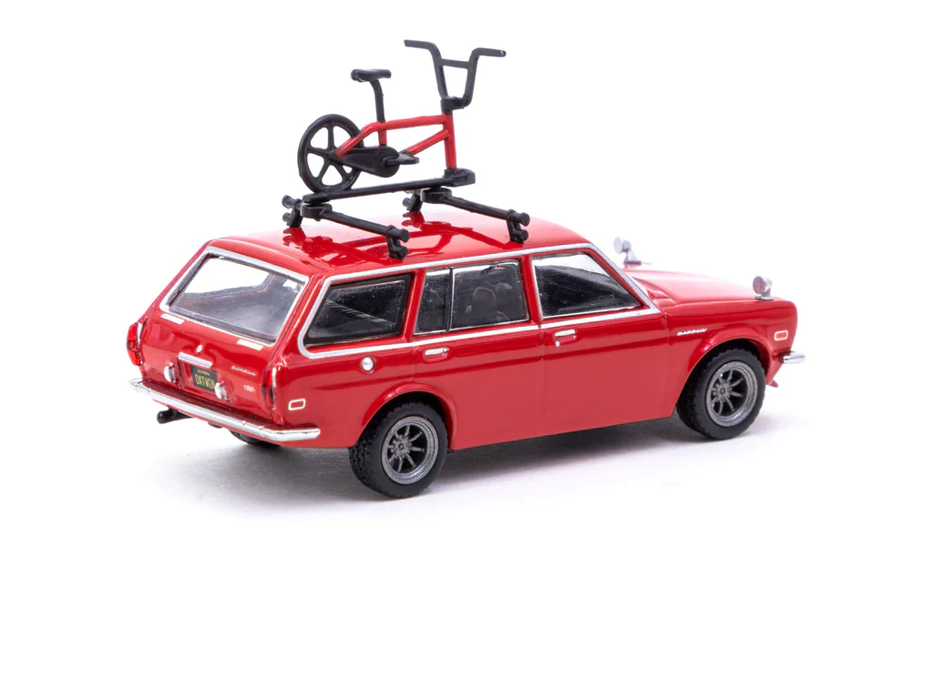 Tarmac Works 1:64 Nissan Datsun Bluebird 510 Wagon in Red with Bicycle and Roof Rack - Image 2