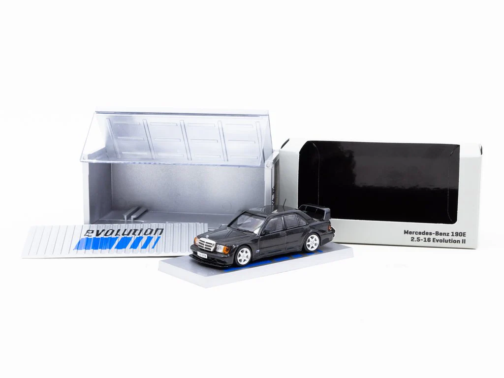 Tarmac Works 1:64 Mercedes-Benz 190 E 2.5-16 Evolution II Black Metallic with Container - Image 3