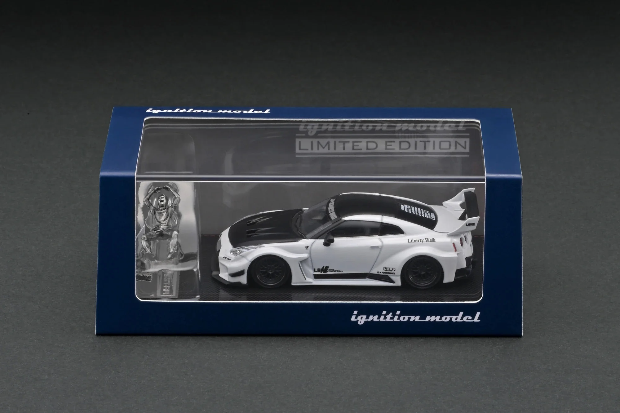 Ignition Model 1:64 Nissan Skyline 35GT-RR LB-Silhouette WORKS GT in Pearl White with Mr. Kato Figure - Image 3