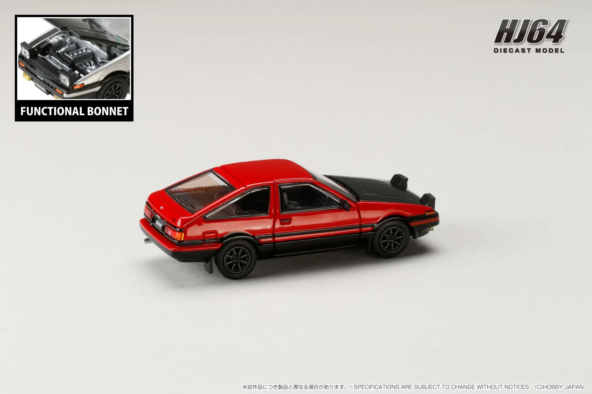 Hobby Japan 1:64 Toyota Sprinter Trueno GT Apex (AE86) in Red / Black with Carbon Bonnet - Image 3