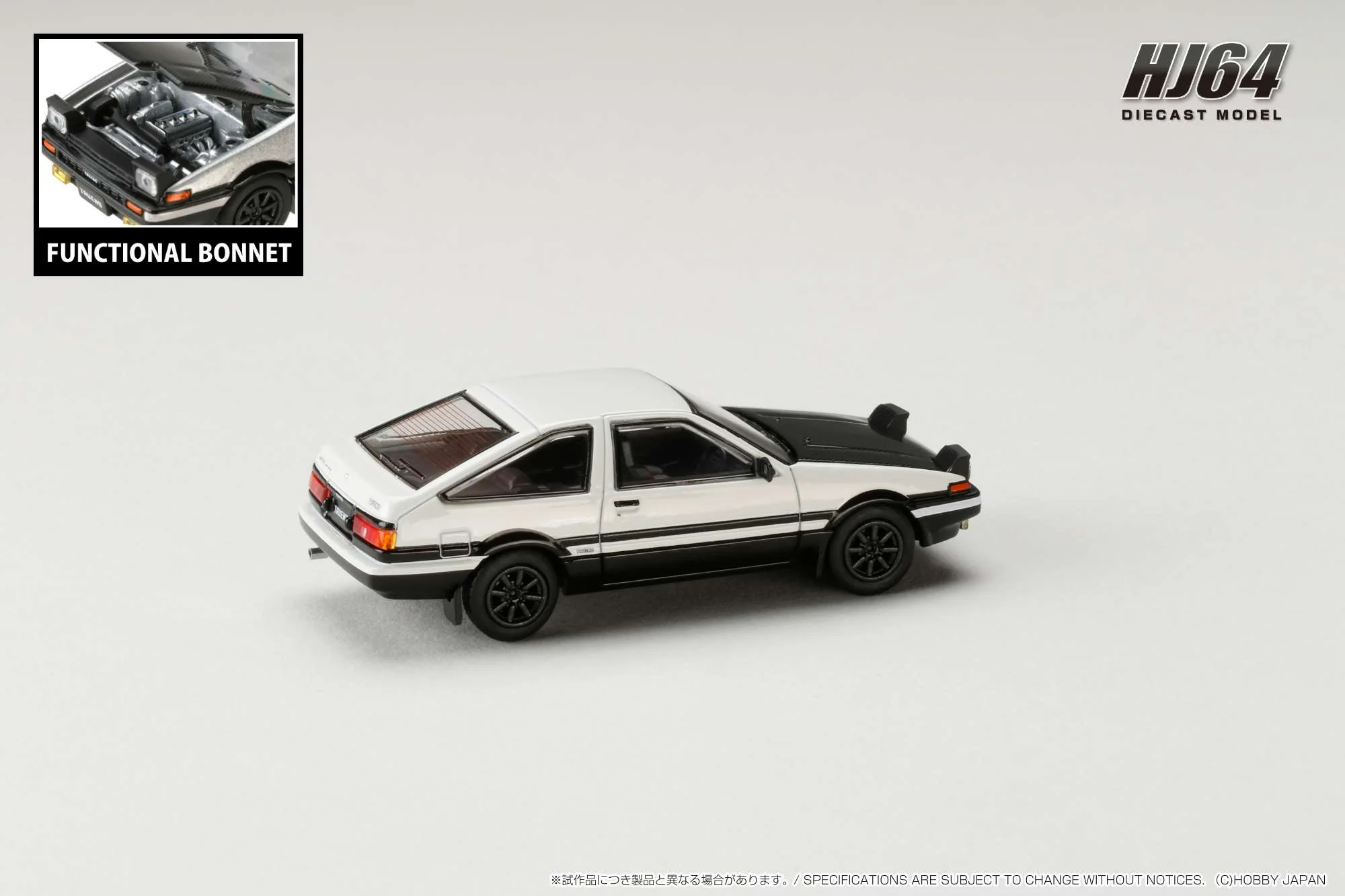 Hobby Japan 1:64 Toyota Sprinter Trueno GT Apex (AE86) in White / Black with Carbon Bonnet - Image 3