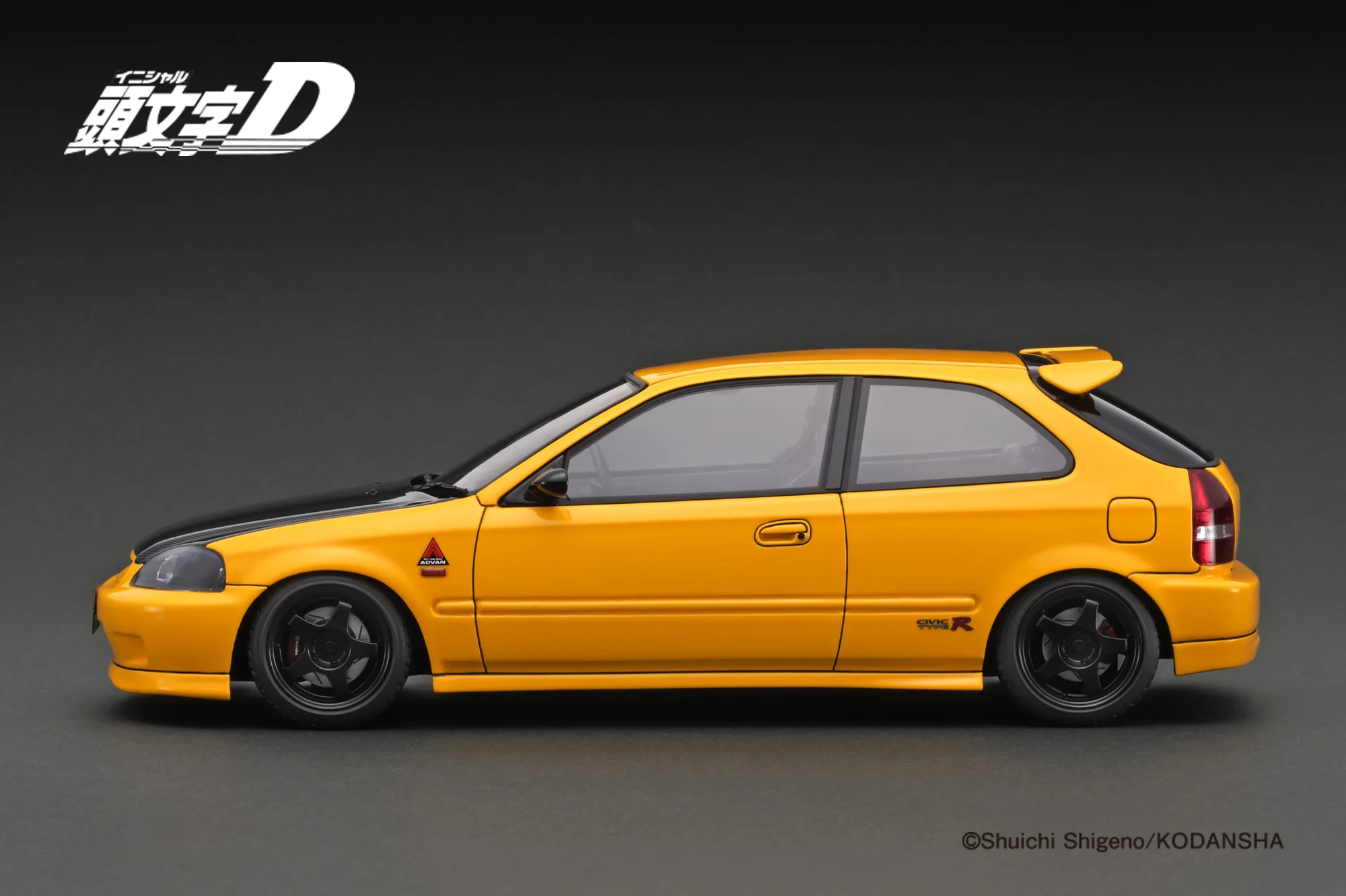 Ignition Model 1:18 Honda Civic (EK9) Type-R in Yellow Initial D with Carbon Bonnet - Image 2