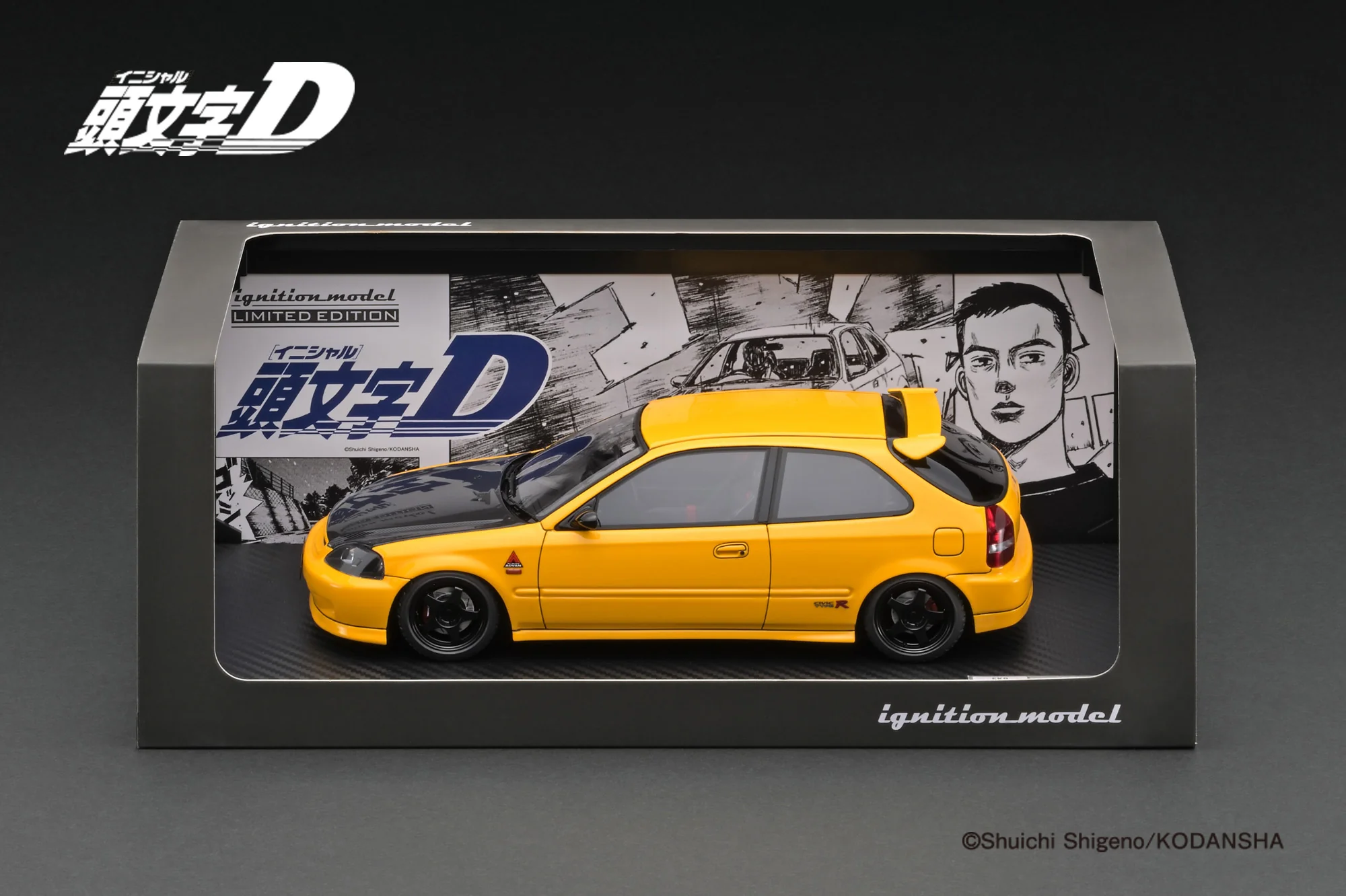 Ignition Model 1:18 Honda Civic (EK9) Type-R in Yellow Initial D with Carbon Bonnet - Image 4