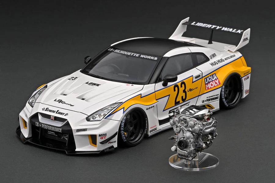 Ignition Model 1:18 Nissan 35GT-RR LB-Silhouette WORKS GT in White / Yellow with Engine