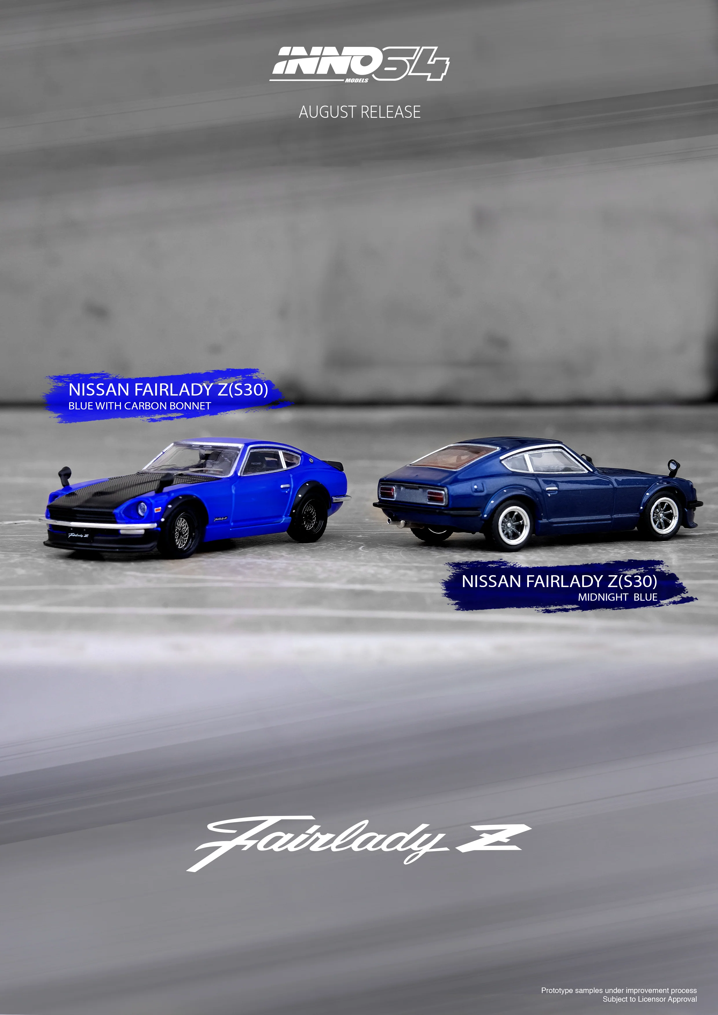 INNO64 1:64 Nissan Fairlady Z (S30) in Blue with Carbon Fiber Hood - Image 2