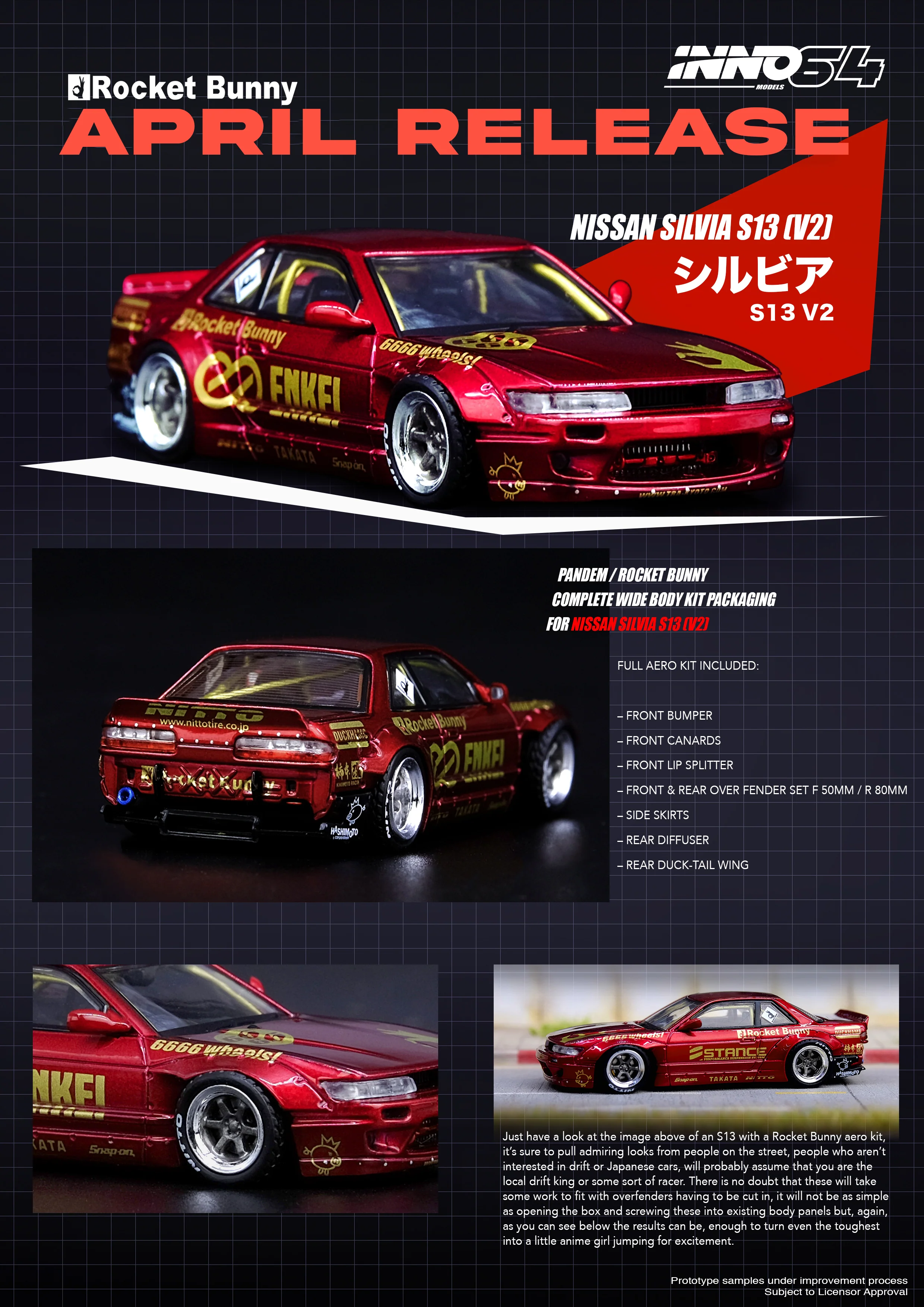 INNO64 1:64 Nissan S13 Silvia Pandem Rocket Bunny Edition in Red Metallic - Image 3