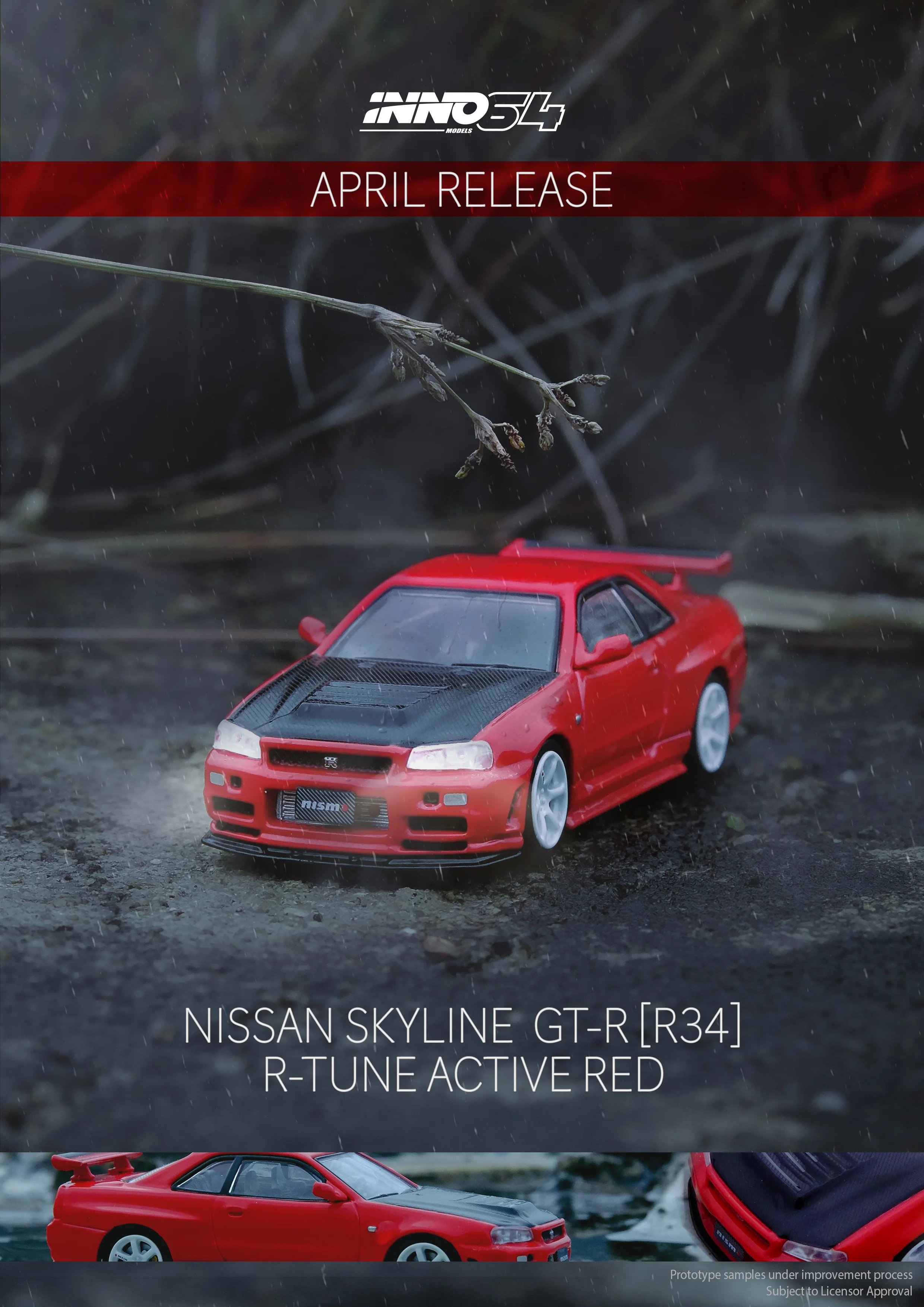 INNO64 1:64 Nissan Skyline GT-R R34 R-Tune R-Tune in Active Red with Carbon Bonnet - Image 3