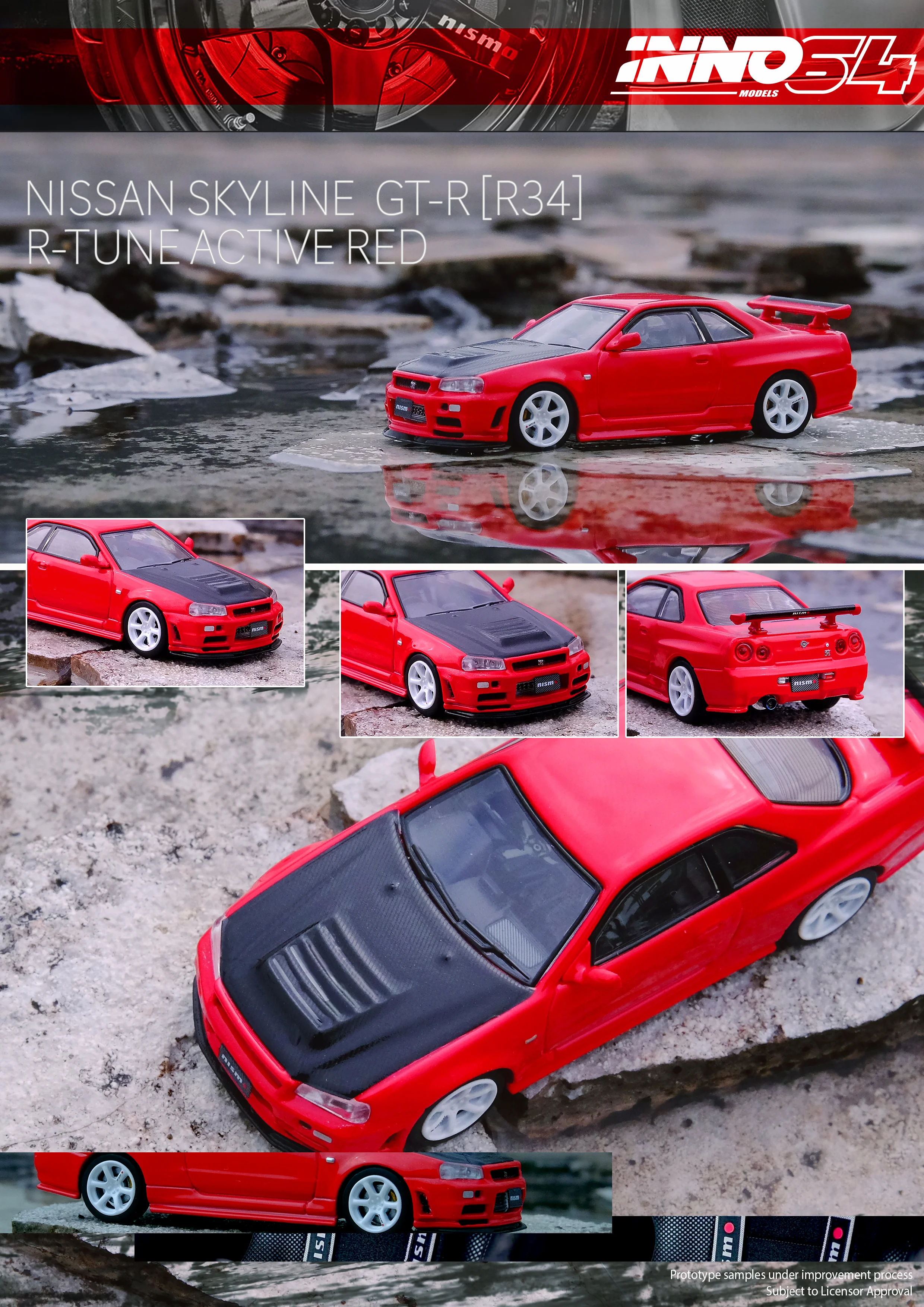 INNO64 1:64 Nissan Skyline GT-R R34 R-Tune R-Tune in Active Red with Carbon Bonnet - Image 4