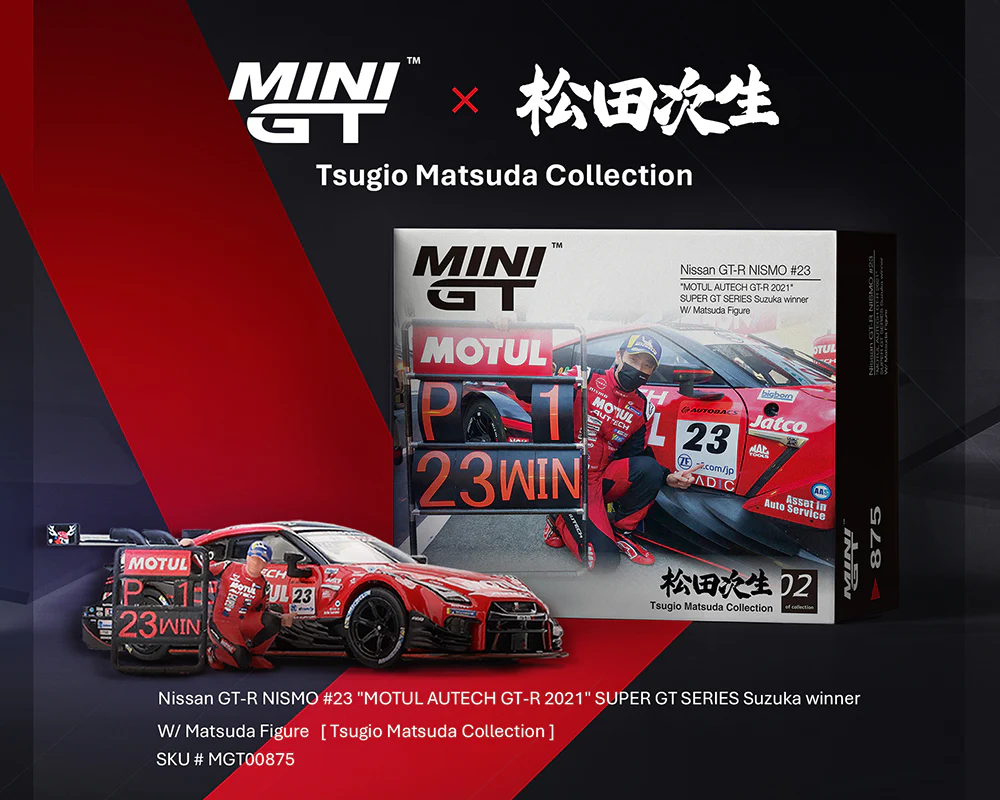 MINI GT 1:64 Nissan GT-R NISMO #23 “MOTUL AUTECH GT-R 2021” SUPER GT SERIES Suzuka Winner with Matsuda Figure - Image 2
