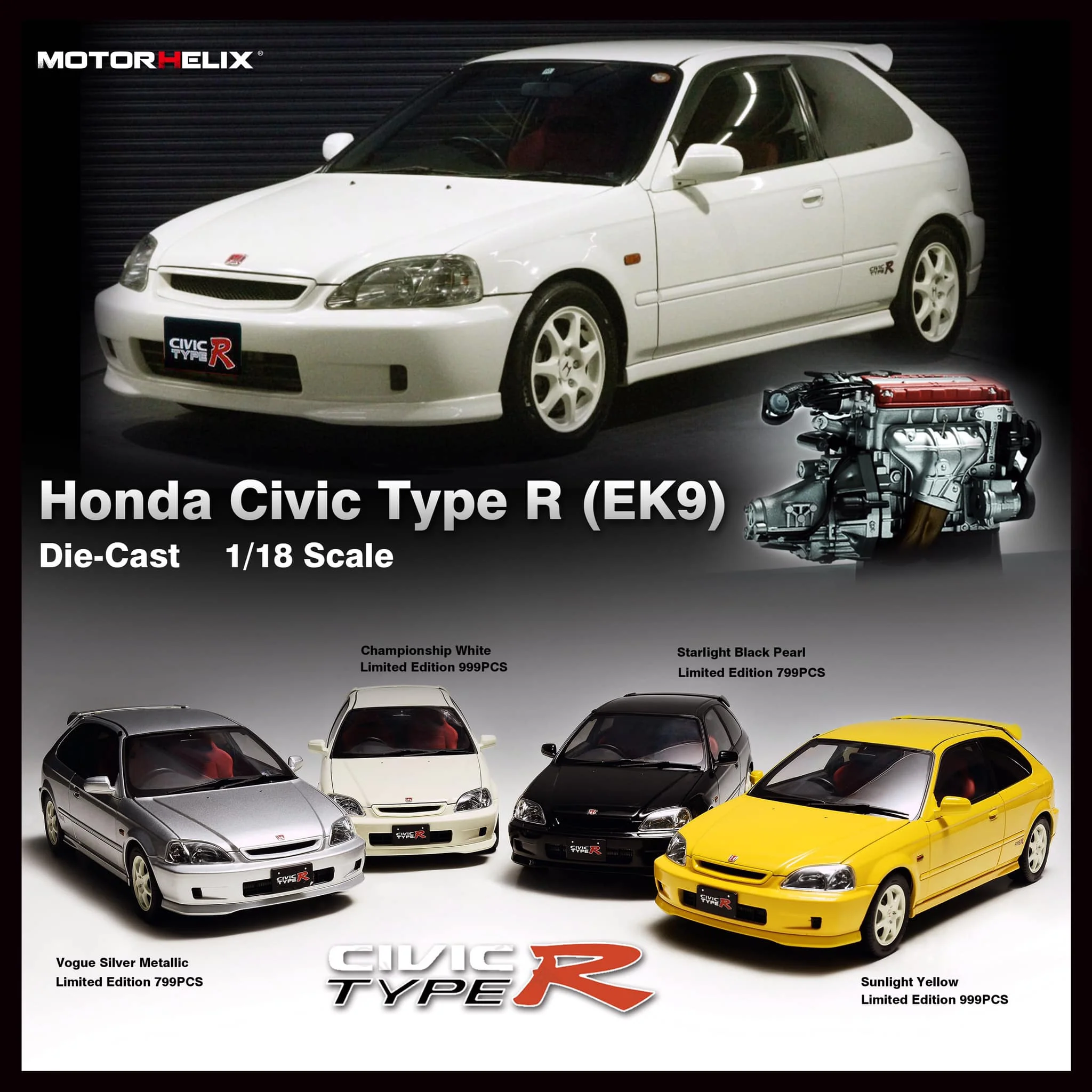 MotorHelix 1/18 Honda Civic Type-R Late Version (EK9) in Championship White - Image 8