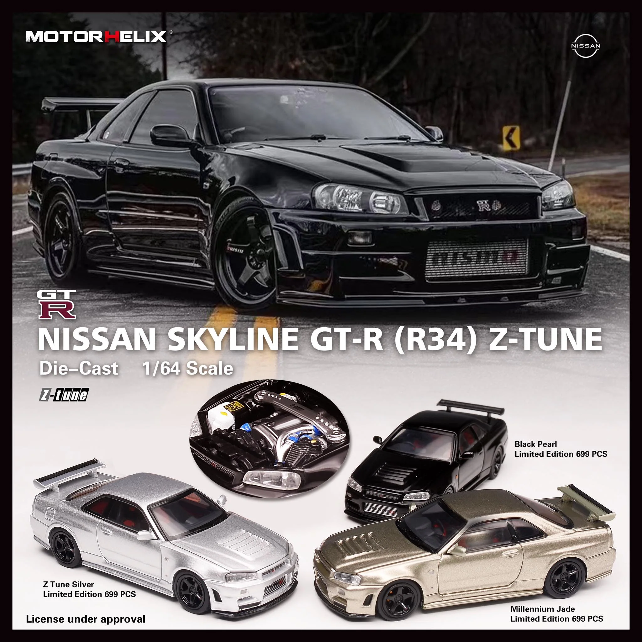 MotorHelix 1/64 Nissan Skyline GT-R (BNR34) Z-Tune in Pearl Black - Image 3