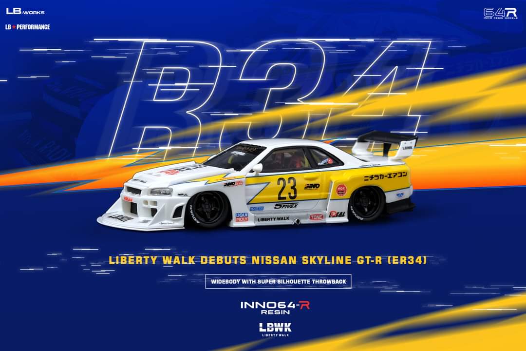 INNO Models 1:64 Nissan Skyline (ER34) Super Silhouette Liberty Walk Hoshino Retro Livery - Image 4