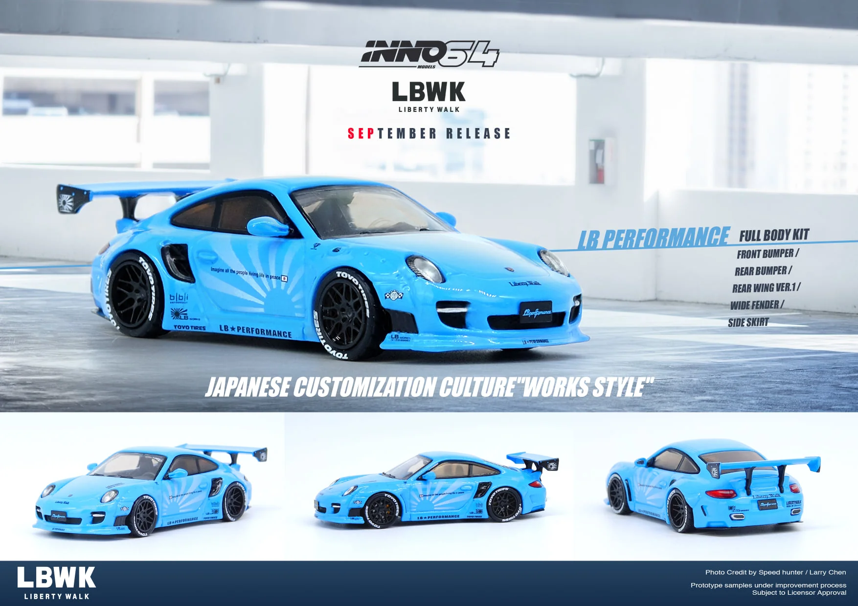 INNO Models 1:64 Porsche 997 Liberty Walk in Baby Blue - Image 3
