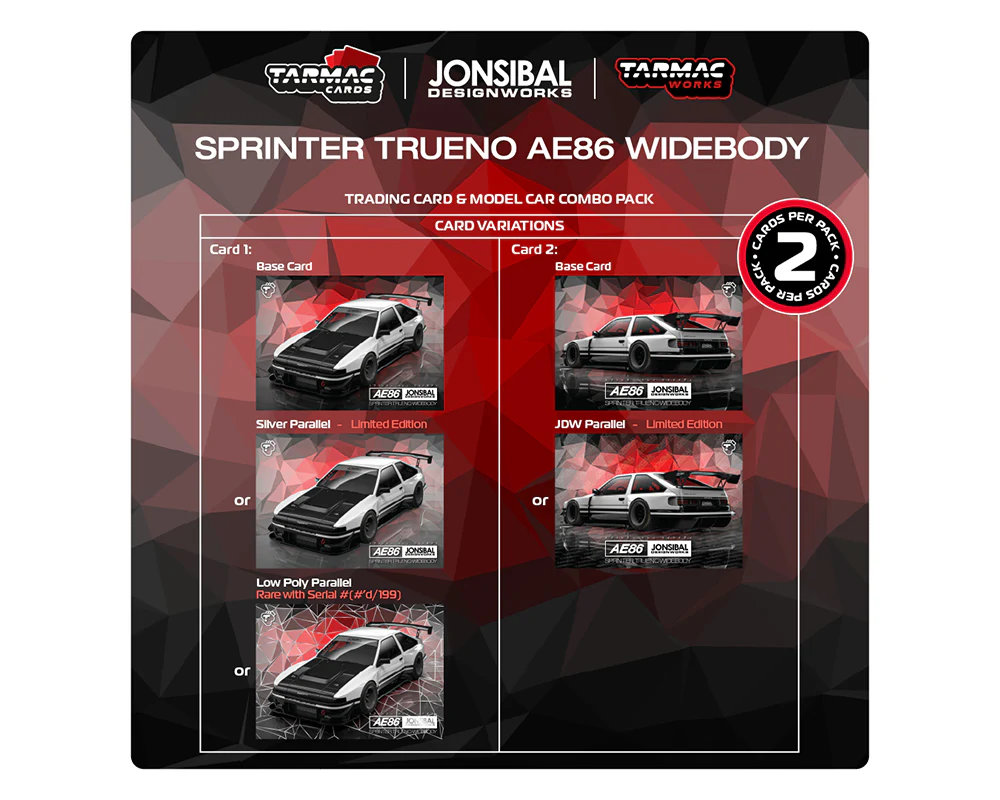 Tarmac Works 1:64 Toyota Sprinter Trueno AE86 Widebody TRD JONSIBAL in White with Trading Cards - Image 2